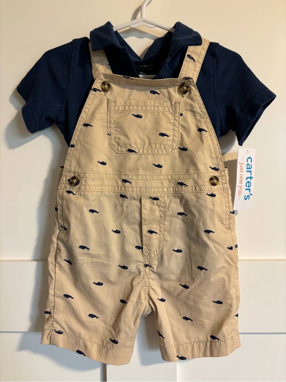 Carter's Tan Whale-Print Shortall Overalls with Navy Tee Set